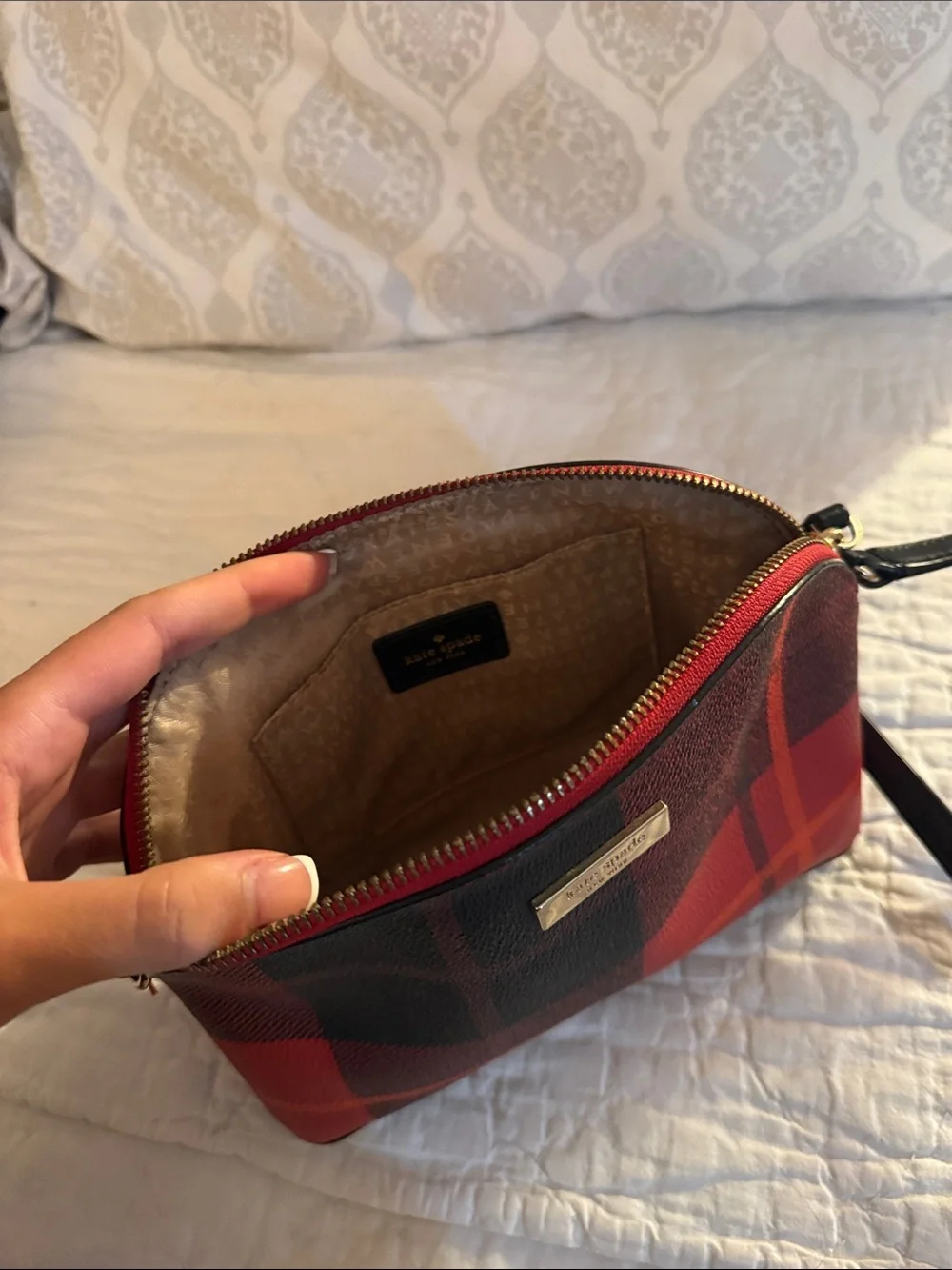 kate spade Red and Black Plaid Dome Crossbody with Gold Accent